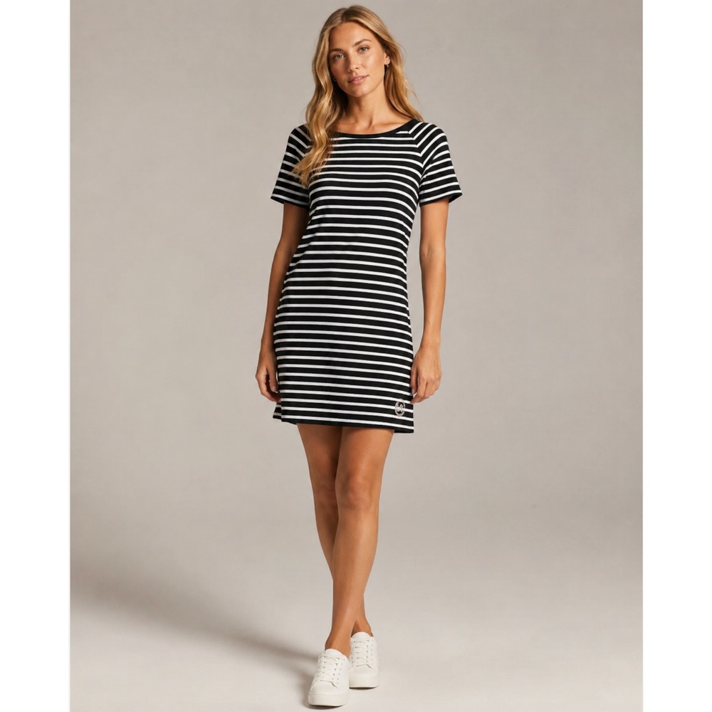 Michael Kors Striped T-Shirt Dress S Black White Gold Zip Logo Mini Preppy Beach